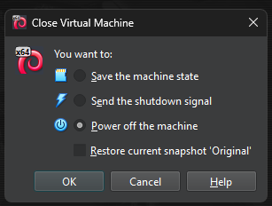 Options to close or save VM state